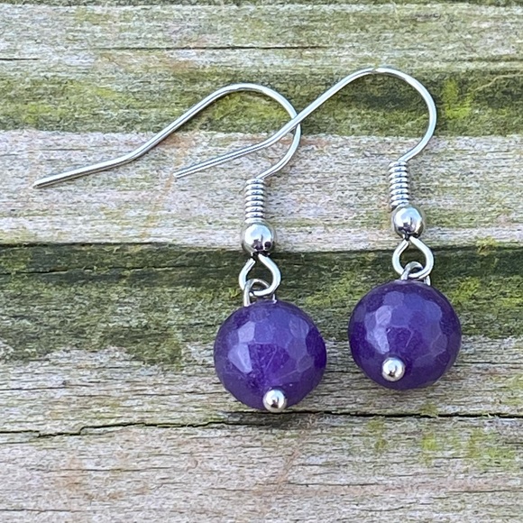 Amethyst glass bead earrings 8 mm faceted amethyst round ball dangles - Picture 3 of 6